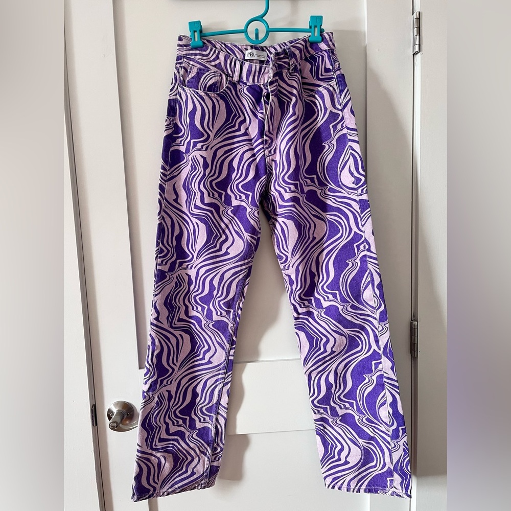 Zara - Purple Printed High Waisted Straight Leg Jean - Size 10